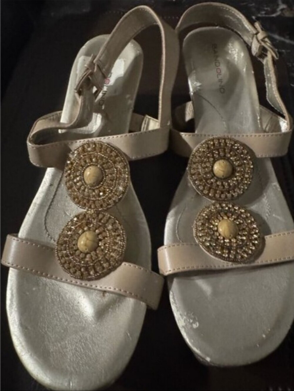 Bandolino Tan Sandals with Gold Medallions